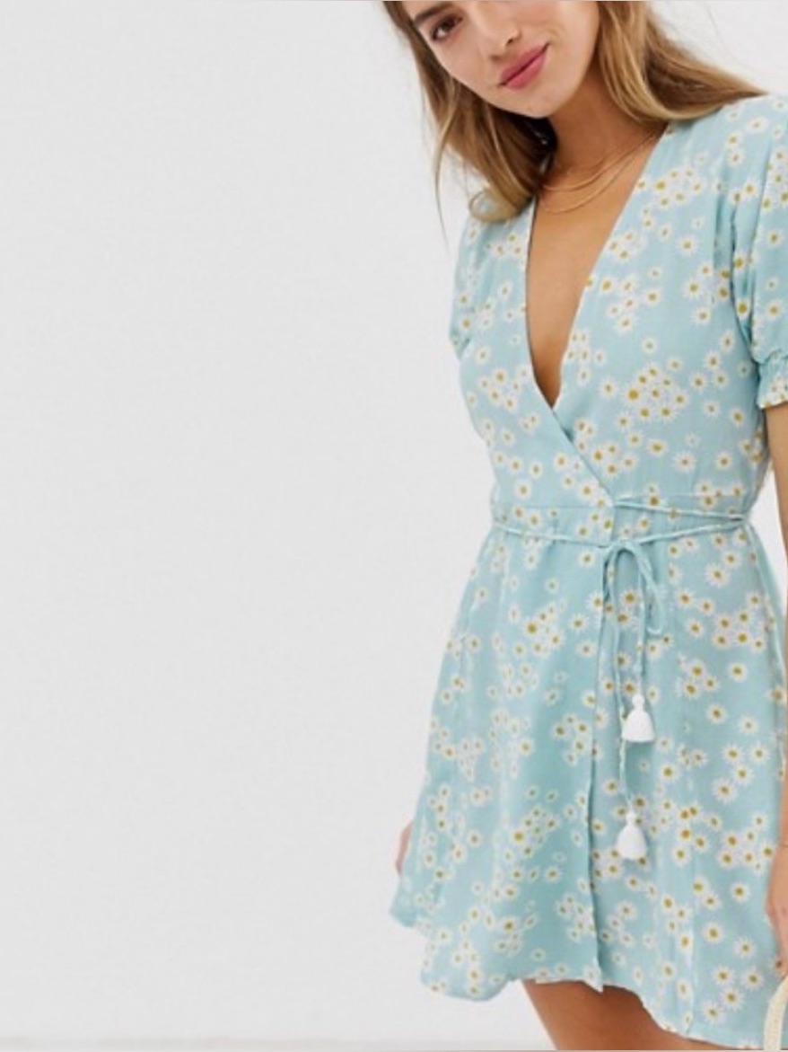 Faithful The Brand | Y2k Inspired | Mira Mint Blue Floral Print Wrap Dress, Us 2